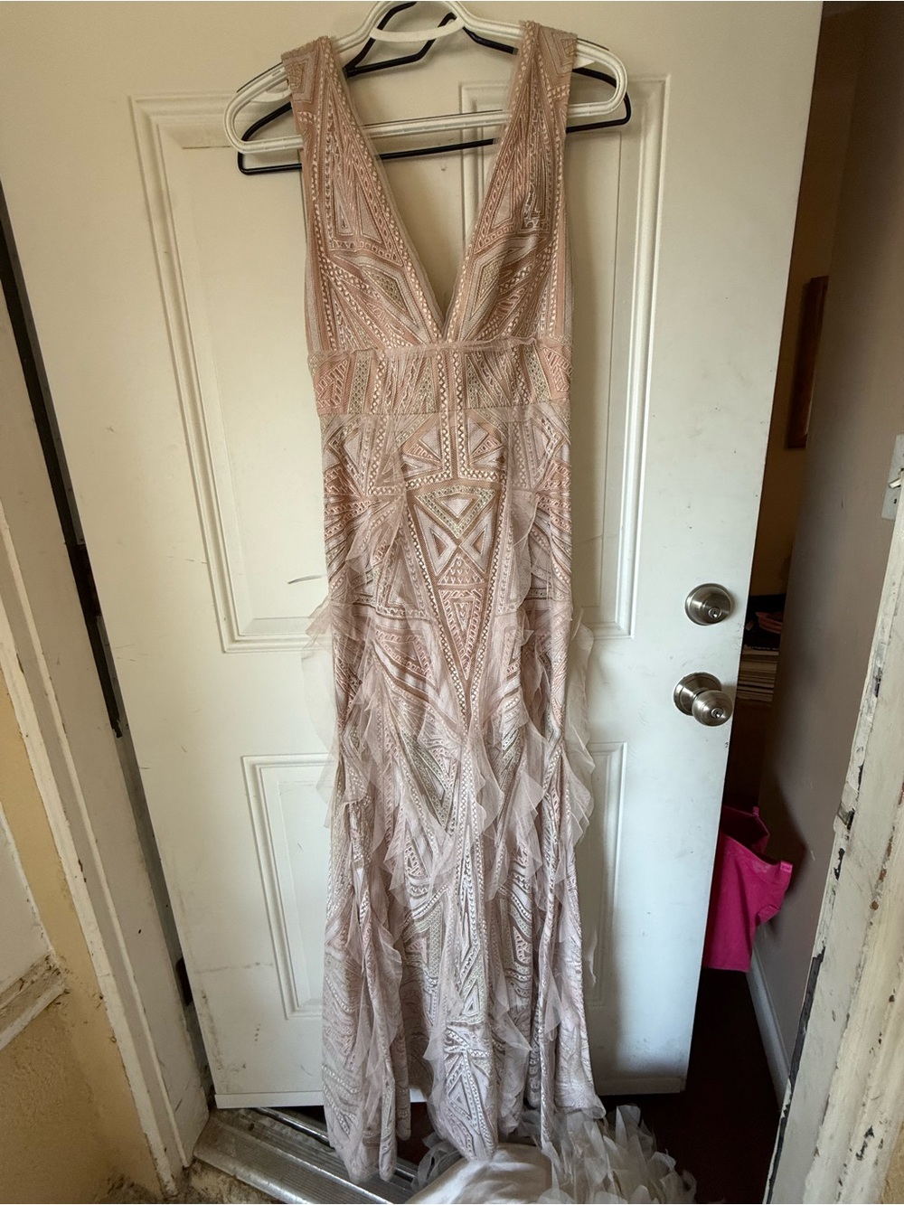 BCBGMaxAzria Blush Beaded V-Neck Maxi Gown